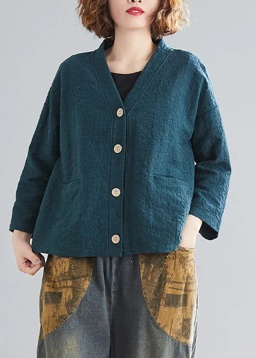 Timeless Style DIY blackish green cotton clothes For Women v neck pockets silhouette spring blouse