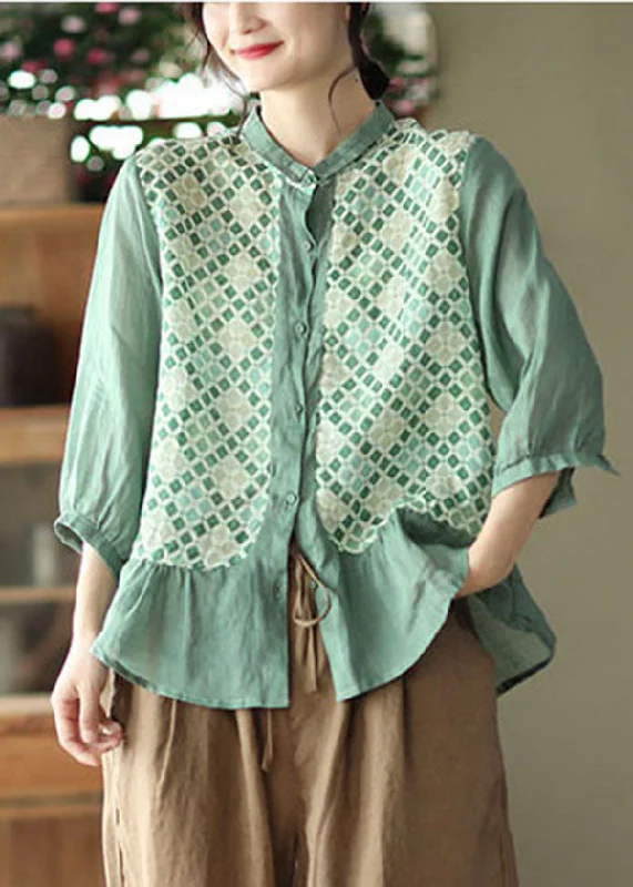 Cozy Lifestyle Boutique Green Ruffles Peter Pan Collar Linen Tops Three Quarter sleeve