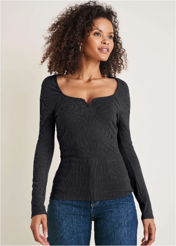 Cozy Fitting Deep Scoop Neck Ribbed Top - Black