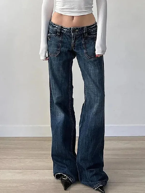 Relaxed Clothing Vintage Pocket Washed Low-Rise Straight-Leg Jeans