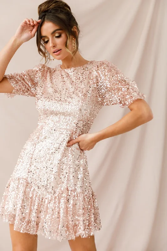Soft Casuals Shine On Sequin Overlay Puff Sleeve Dress Gold