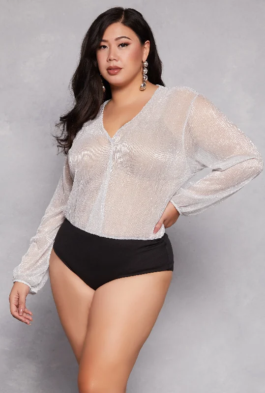 Sporty Comfort Plus Size Lurex Surplice Bubble Sleeve Bodysuit