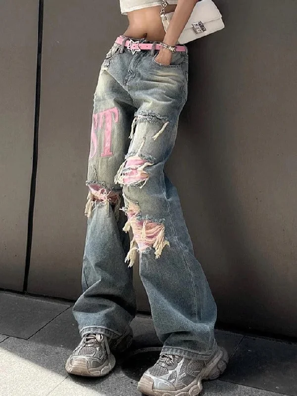 Breezy Outfits Y2K Pink Ripped Embroidery Boyfriend Jeans