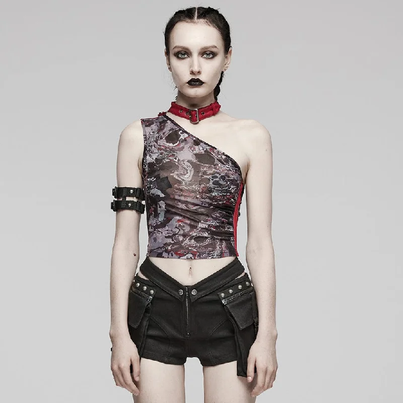 Simple Comfort Women's Punk Buckle Eyelet Halter Tank Top Black-Red