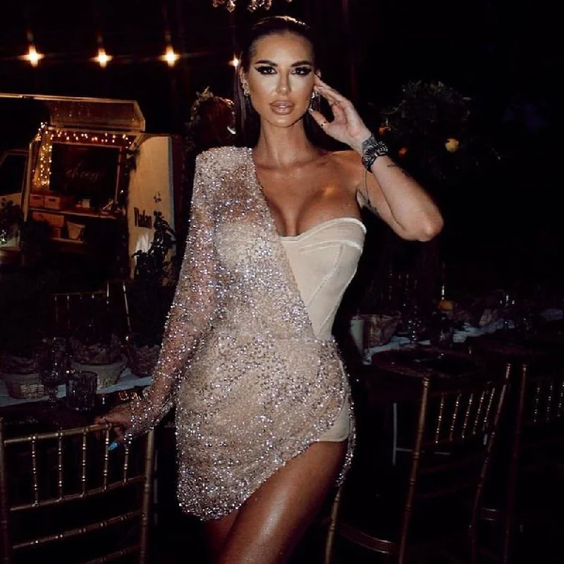 Easy Chic Wear BerriesJam - 2024 One Shoulder Shiny Glitter Sequin Bandage Dress
