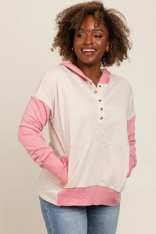 Breathable Style Beige Colorblock Relaxed Fit Hoodie