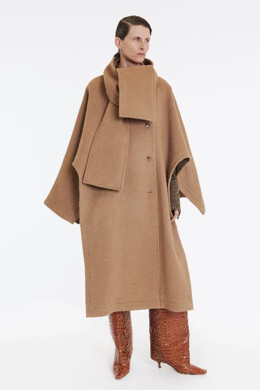 Easygoing Fashion Open Sleeve Poncho Coat With Scarf Detail Beige