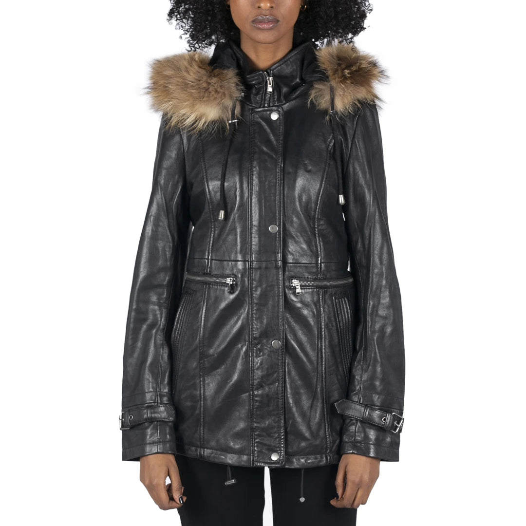 Weekend Comfort Women's Leather Parka Coat 3/4 Removable Hood Fur Button Cover Zipped Weekend Comfort Women's Leather Parka Coat 3/4 Removable Hood Fur Button Cover Zipped