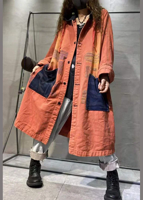 Breezy Comfort Handmade Orange Pockets Button Casual Fall Denim Long sleeve Coat
