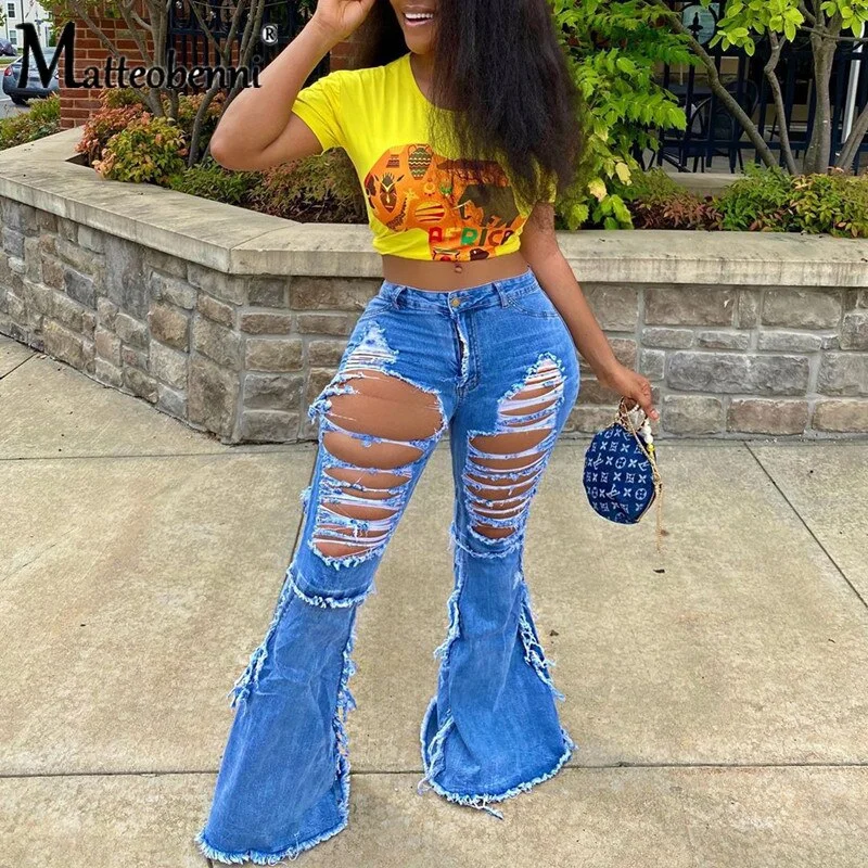 Comfy Pants 2020 Fashion Tassel Hem Denim Pants Women Retro Solid Sexy Hole Jeans Ripped Flare Trousers Street Skinny High Waist Lady Pants