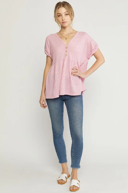 Everyday Style Waffle Knit Babydoll Top, Pink