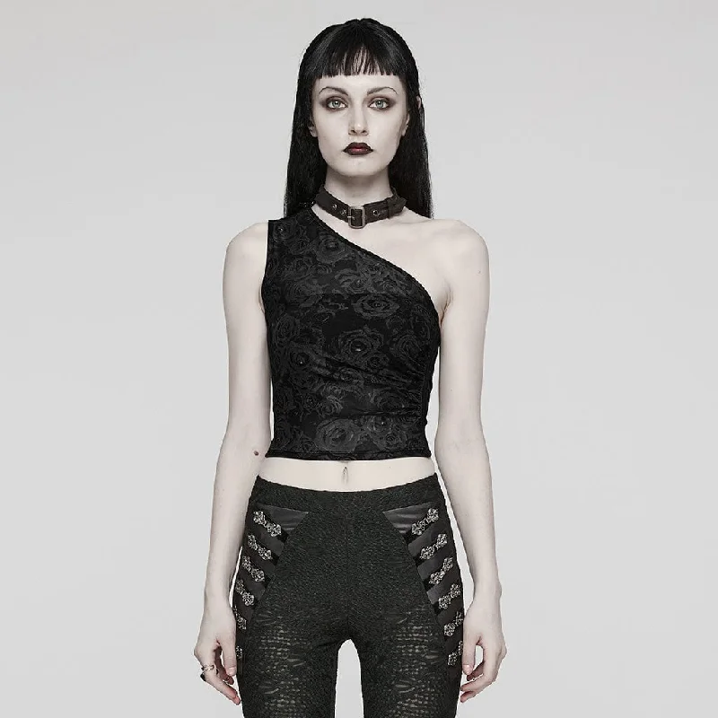 Warm Chic Women's Punk Slash Shoulder Halterneck Mesh Tank Top Black