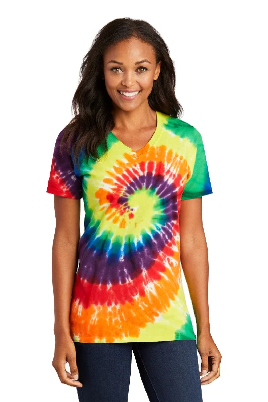 Sporty Comfort Port & Company Womens Tie-Dye Short Sleeve V-Neck T-Shirt - Rainbow