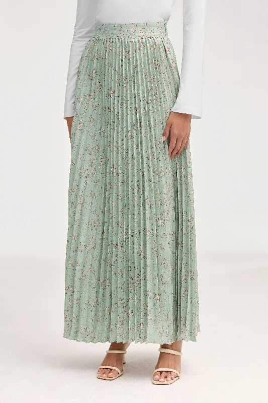 Soft Comfort Wear Pleated Floral Maxi Skirt - Sage