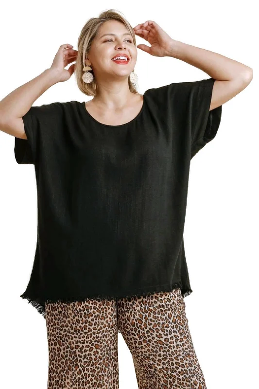 Relaxed Jackets Frayed Hem Top, Black