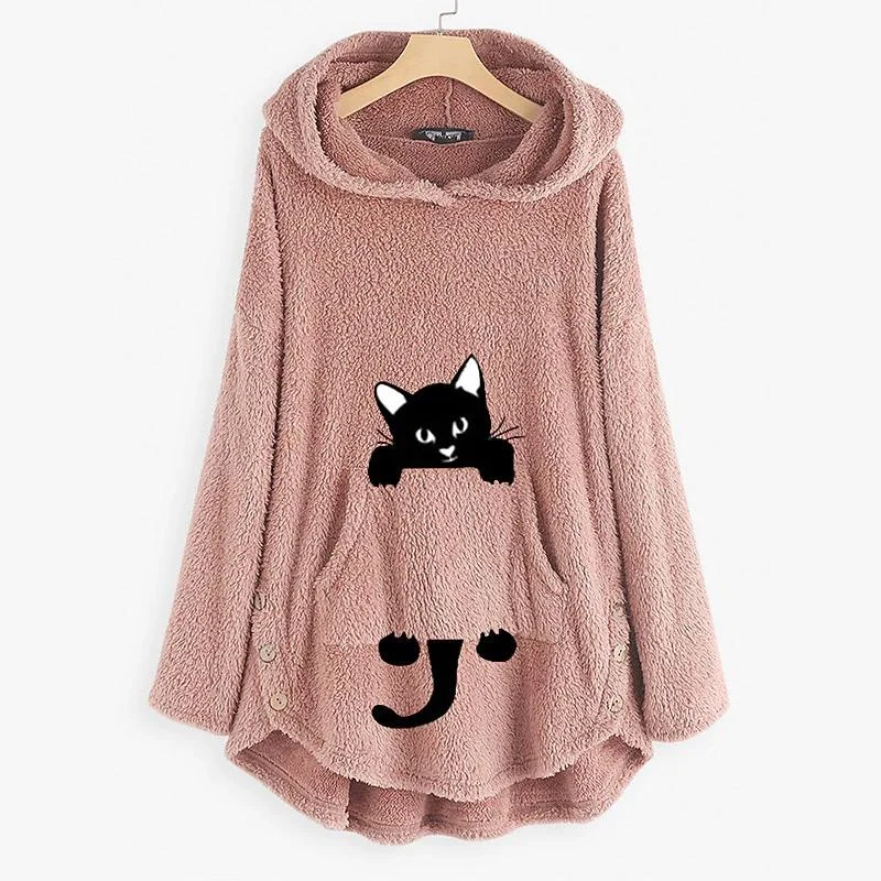 Comfortable Tops Women's Teddy Coat Cat Animal Front Pocket Hoodies