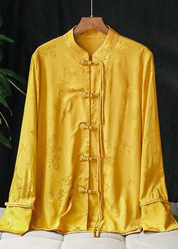 Casual Chic Wear Fashion Yellow Mandarin Collar Jacquard Tassel Silk Shirt Top Long Sleeve