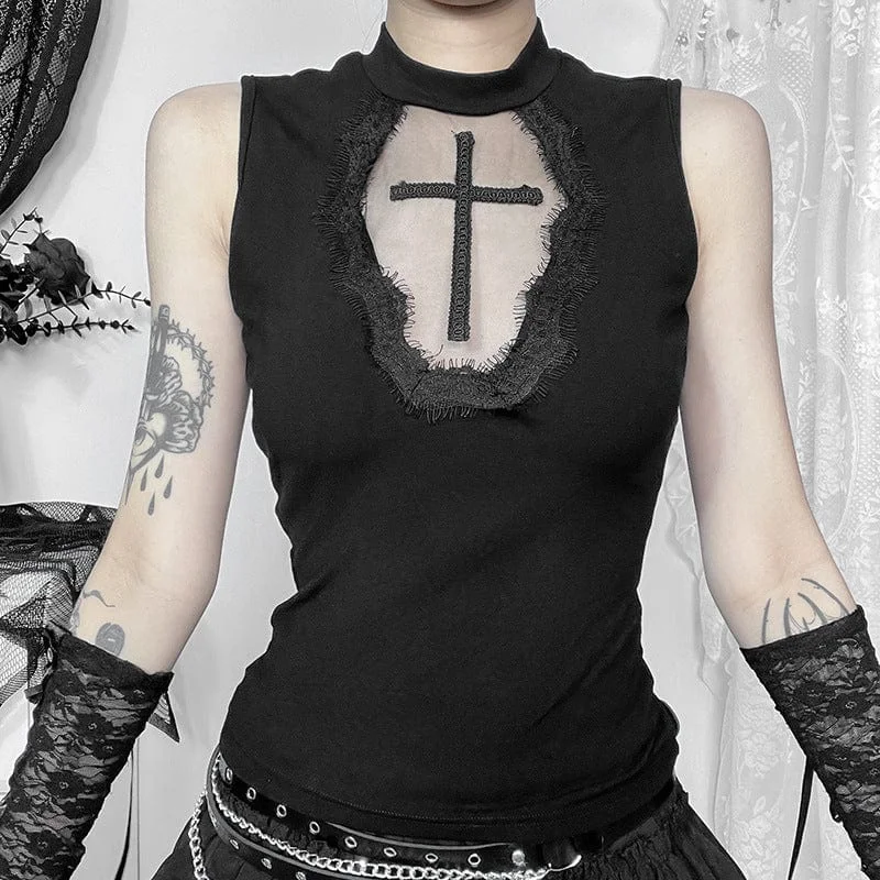 Urban Chic Women's Punk Cross Embroidered Unedged Tank Top