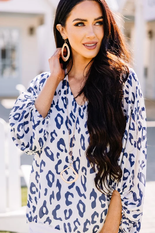 Comfortable Sweaters It's Your Turn Navy Blue Leopard Blouse