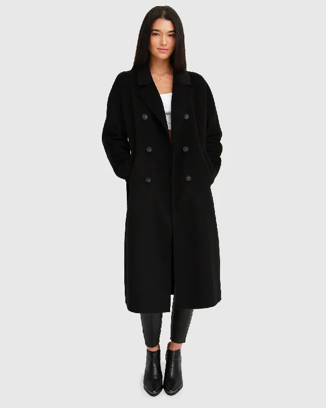 Casual Fit Boss Girl Double-Breasted Lined Wool Coat - Black