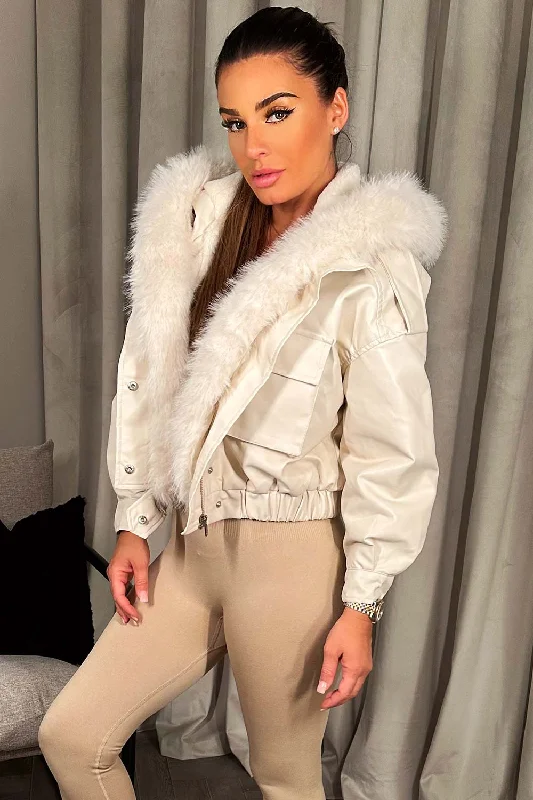 Casual Fit Wear Faux Leather Bomber Jacket With Faux Fur Hood Beige