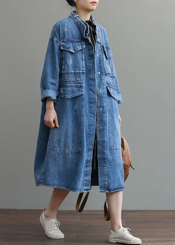 Cozy Lounge Wear Unique Blue Pockets Button Loose Fall Denim Long sleeve Coats trench coats