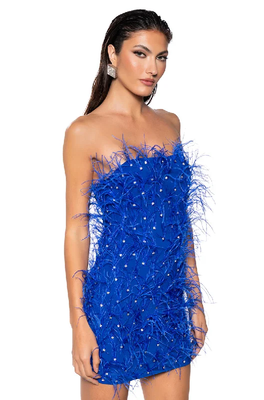 Fashionable Comfort PRIMROSE STRAPLESS EMBELLISHED FEATHER MINI DRESS IN BLUE