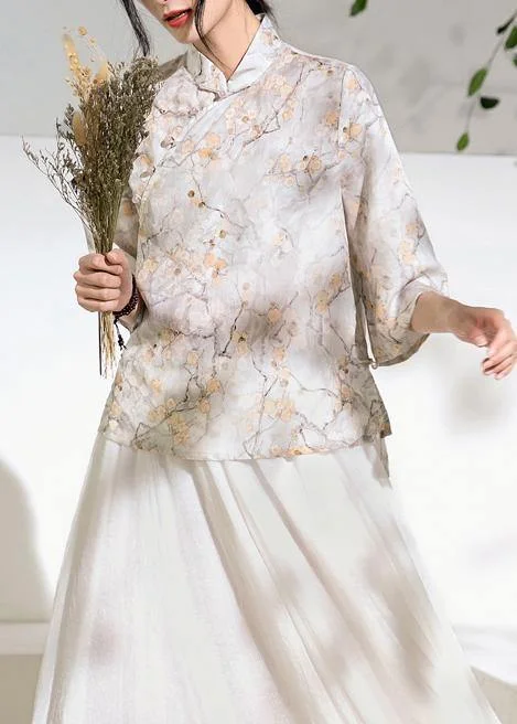 Relaxed Tops Classy light gray floral  linen Long Shirts flare sleeve silhouette stand collar shirts