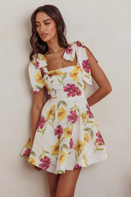 Timeless Outfits Jeanie Tied Shoulder Mini Dress Flower Purple