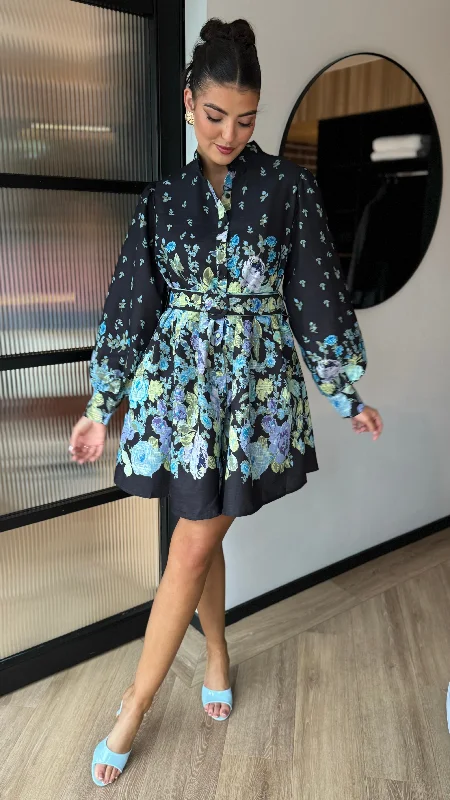 Casual Comfort Shauna Black Multi Floral Printed Button Down Belted Mini Dress