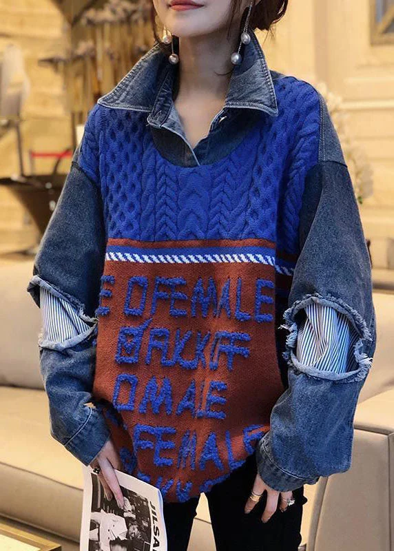 Casual Chic Outfits Boho Blue Patchwork Denim Hole Loose Fall Knit Knitted sweaters