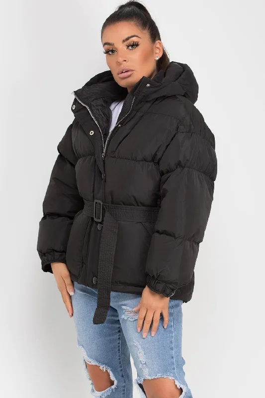 Relaxed Weekend Wear Black Puffer Padded Jacket With Belt