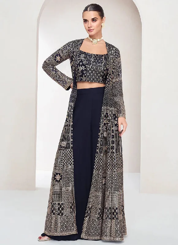 Easygoing Fashion Designer Navy Blue Embroidered Jacket Style Palazzo Suit