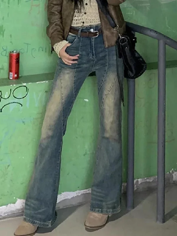 Breathable Style Vintage Distressed Splice Flare Jeans