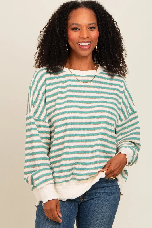 Trendy Layers Light Olive Striped Ruffle Hem Long Sleeve Top
