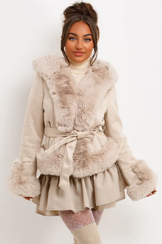 Warm Wear Faux Fur Faux Suede Jacket With Belt Beige