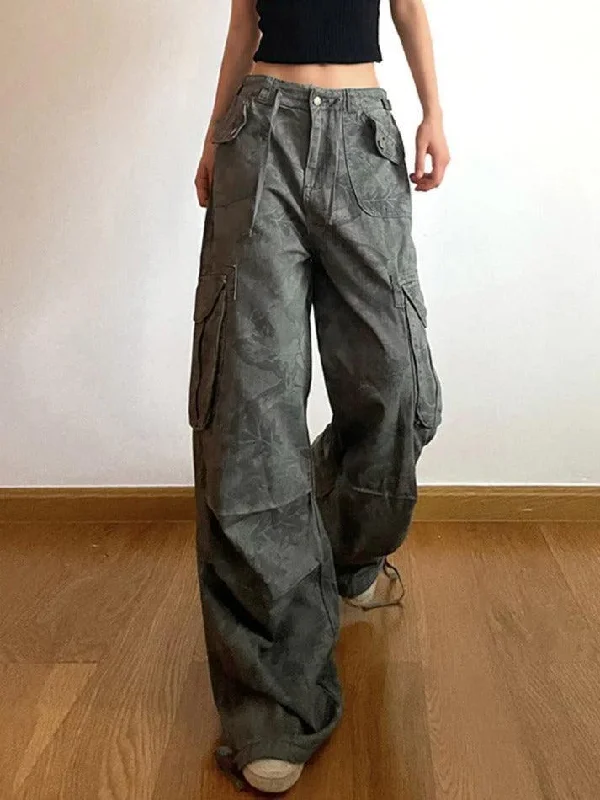 Light Dressing Camo Print Ruched Multi Pocket Bound Feet Cargo Jeans
