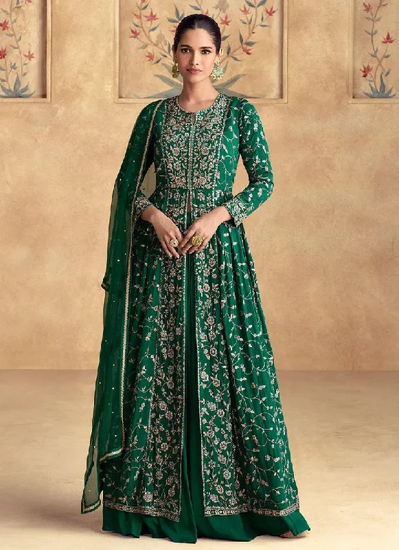 Cozy Lounge Wear Formidable Dark Green Embroidered Anarkali Style Lehenga