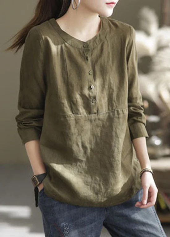 Cozy Fit Wear Classy Green O-Neck button Patchwork Linen Shirt Top Long Sleeve
