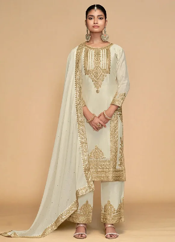 Comfortable Sweaters White Golden Embroidered Pakistani Pant Style Suit