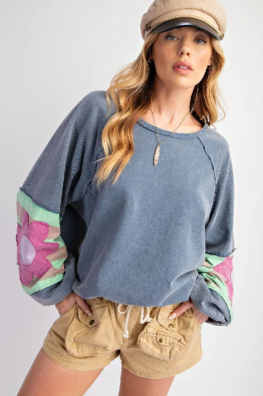 Versatile Style Navy Raw Edge Flower Patch Top