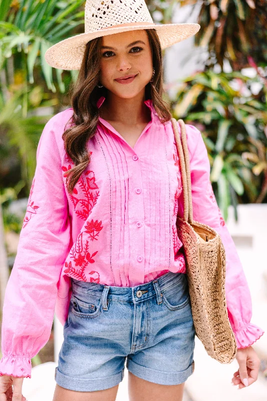 Timeless Outfits Fate: All About You Hot Pink Embroidered Blouse