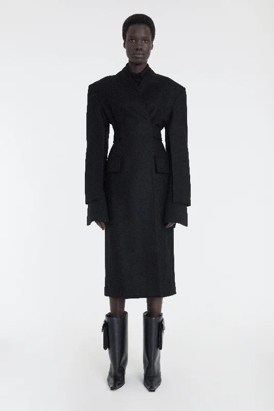 Modern Chic Open Sleeve Belted Wrap Around Fitted Coat Black