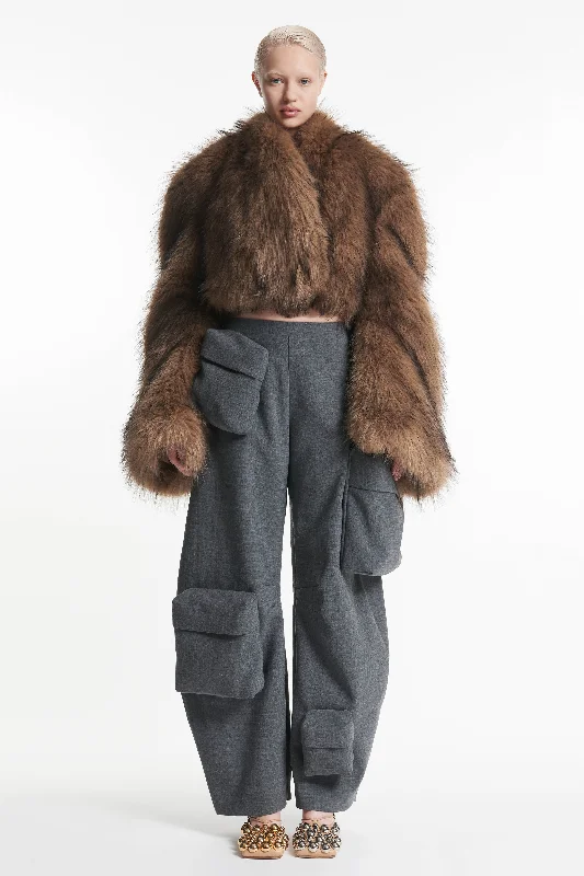 Breathable Style Rounded Sleeve Cropped Faux Fur Jacket Brown