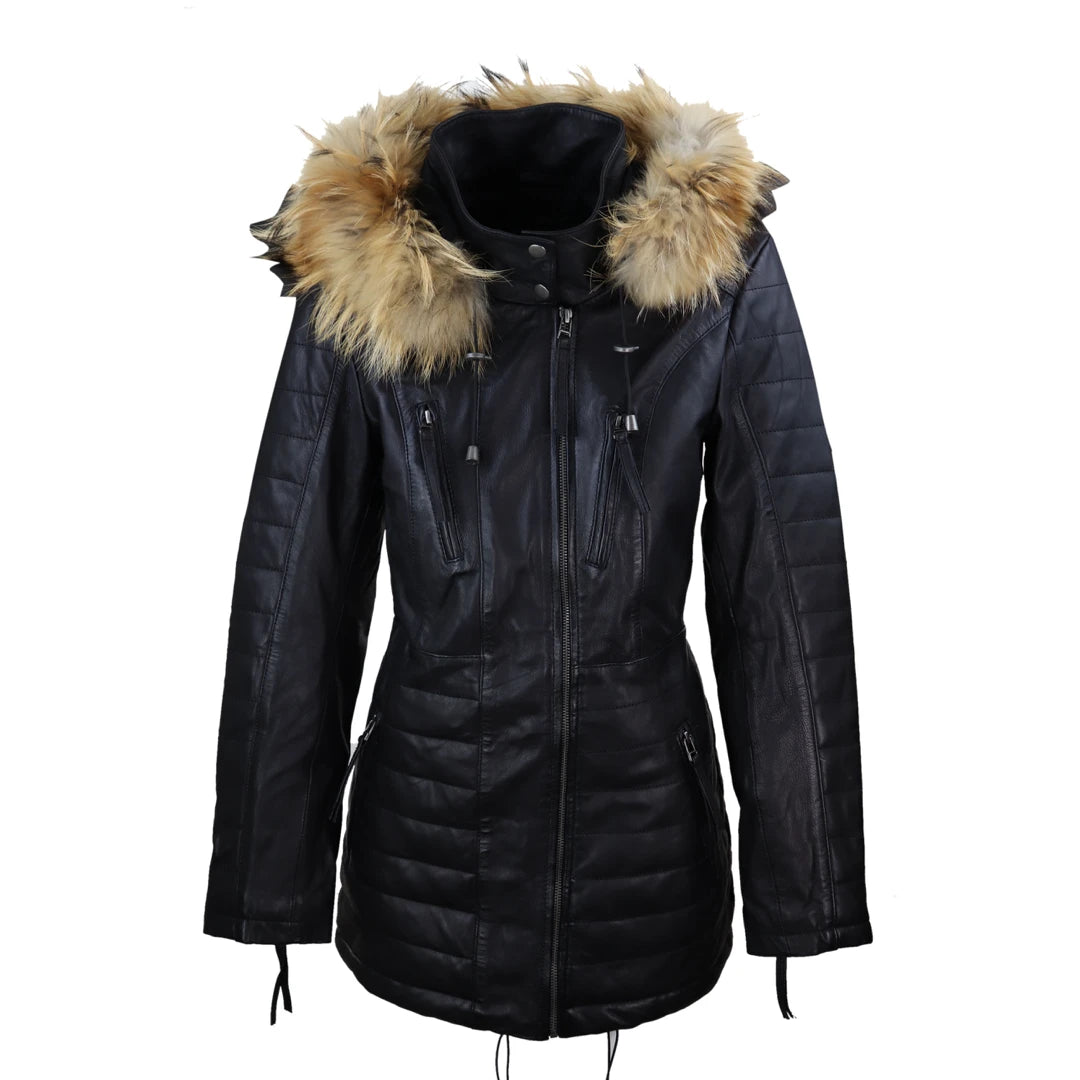 Relaxed Tops Women's Leather Black Trench Mid Length Hood Raccoon Fur Winter Jacket