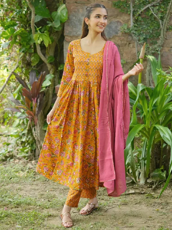 Soft Casuals Yellow Printed Pure Cotton Anarkali Suit With Dupatta