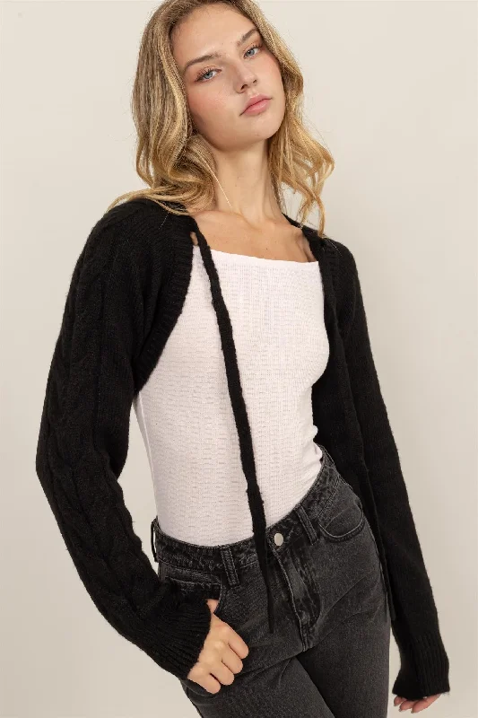 Simple Looks Black Cable Knit Tie Front Shrug