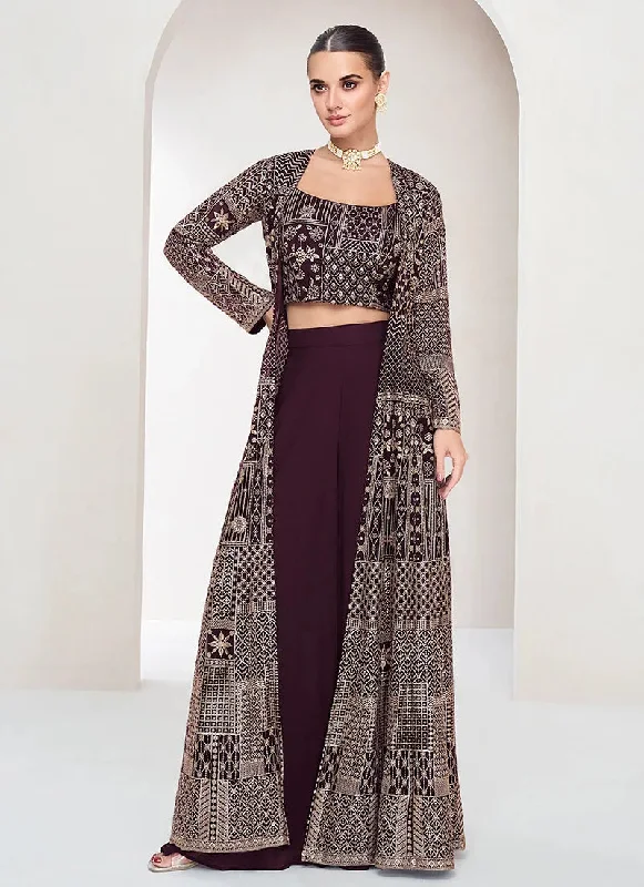 Warm Layers Heartwarming Deep Wine Embroidered Jacket Style Palazzo Suit