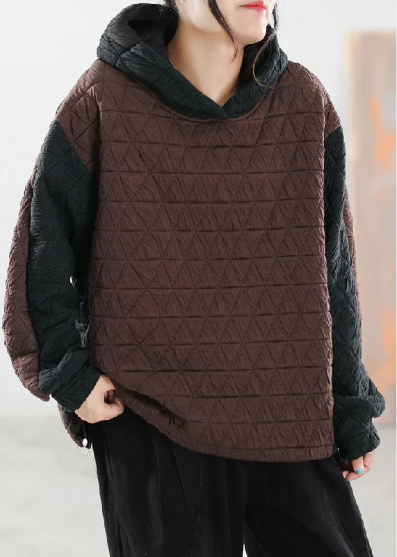 Cozy Fit Wear Chocolate Patchwork Fine Cotton Filled Sweatshirt Hooded Winter