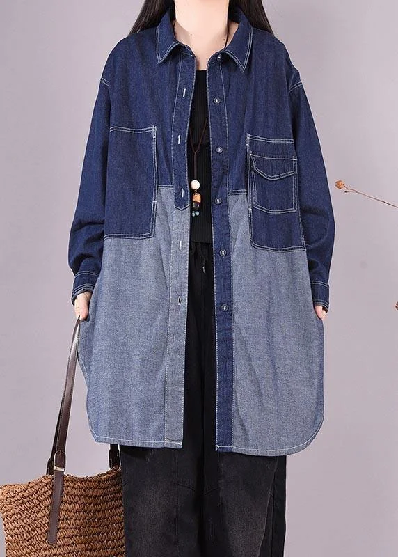 Warm Wear Classy Lapel Patchwork Crane Tops Sleeve Denim Dark Blue Blouses